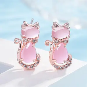 Fashion powder crystal hibiscus stone pendant cat stud earrings women's plated 18K rose gold Tremella jewelry