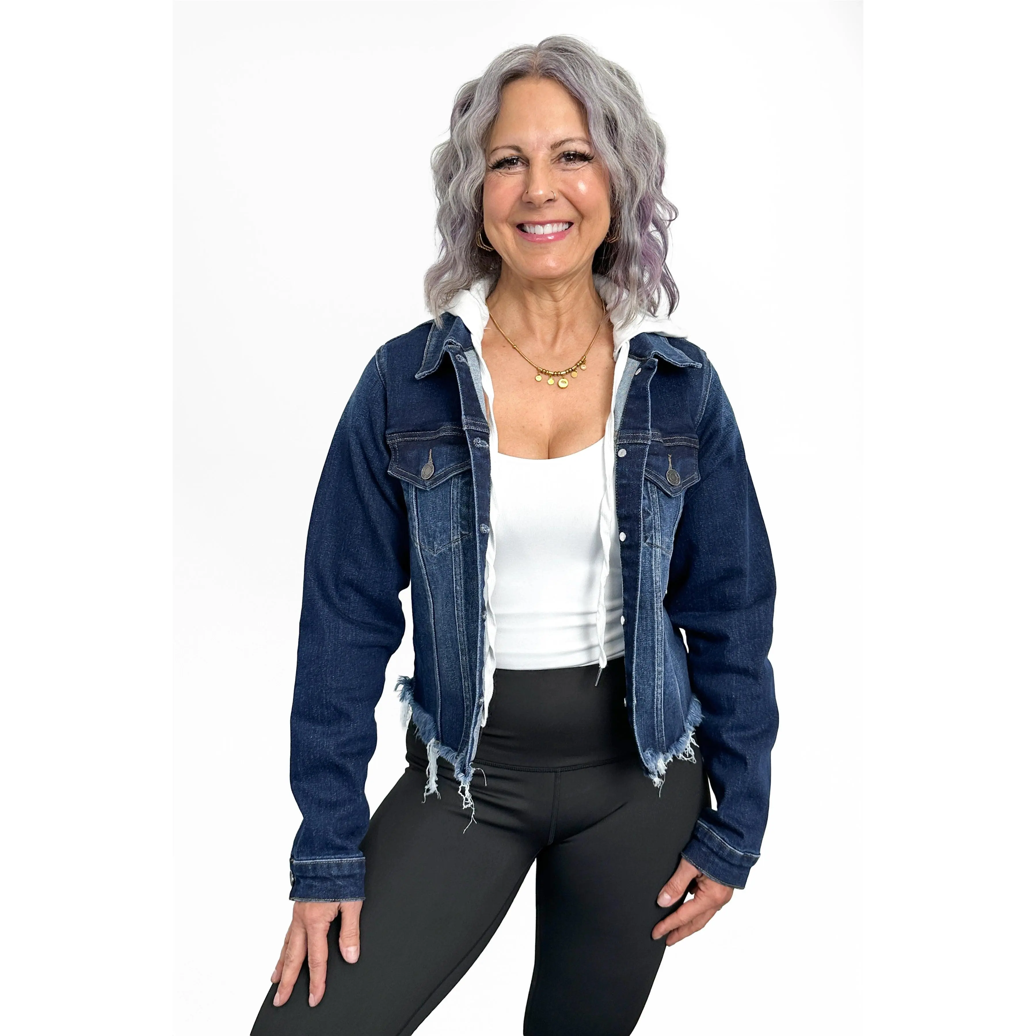 Women's Casual Denim Jacket with Adjustable Removable Hood, Tailored Fit Button-Front Stretch Cotton Coat with Raw Hem, Tops, Coats, Fabric, Drawstring, Pockets, True Size, Stretch Denim, Mid-Length