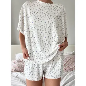 White Ditsy Blue Floral Short Sleeve Pajama Top