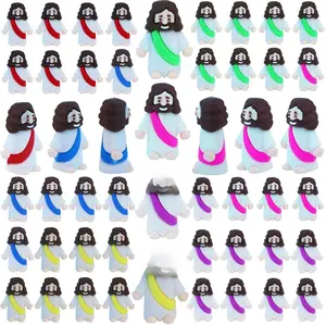 50 Pcs Little Jesus Figures Easter Mini Rubber Jesus Toys to Hide and Seek, Little Pocket Jesus Miniatures Religious Party Favors Baptism Gifts Sunday School Easter Egg Stuffers (Mix-6 Color)