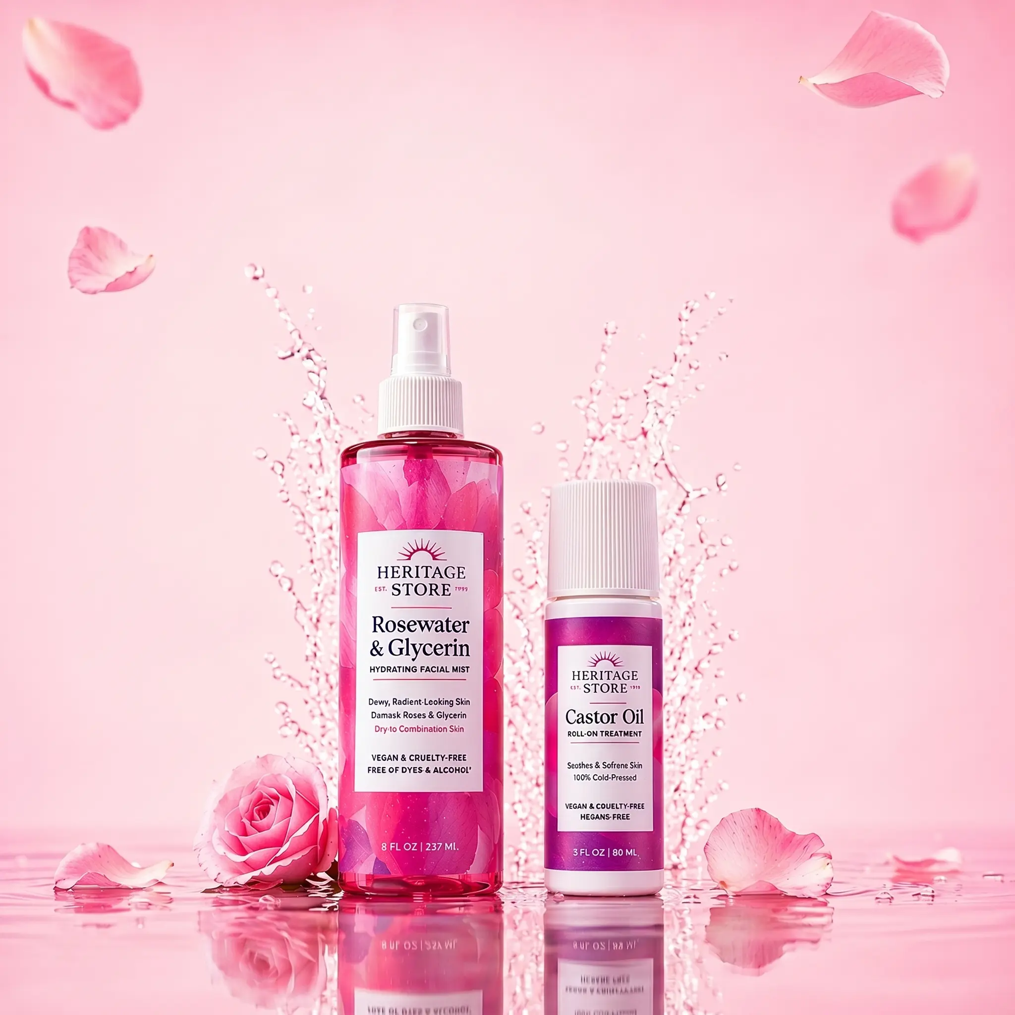 TikTok Viral Glow Duo – Rosewater & Glycerin Hydrating Mist + Castor Oil Roll-On for Lashes, Brows & Skin