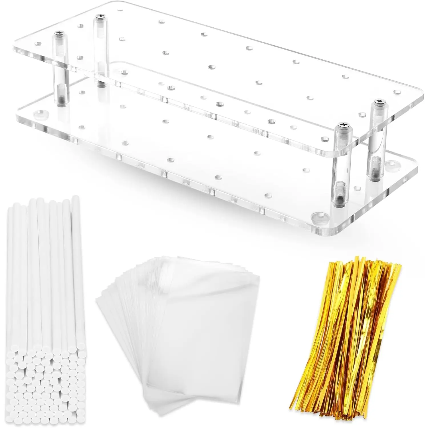 1 Set 21 Holes Clear Acrylic Cake Pop Stand with 100 Pcs Cake Pop Sticks and 100 Wrappers,100 Gold Twist Ties,Ideal for Wedding,Birthday,Halloween,Candy,Christmas Party Gifts,Hand Tools Kits