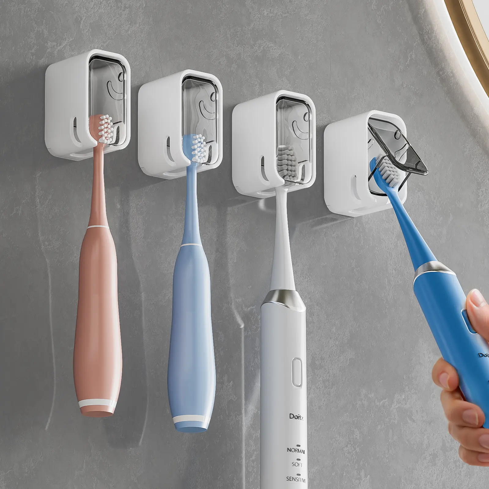 GONGQIN Wall Mounted Toothbrush Holder with Cover, 2 Pcs Modern Compact Waterproof Functional Bathroom Organizer, Flip Lid Dustproof Storage Box, Adhesive Mount for Manual & Electric Toothbrushes, Plastic