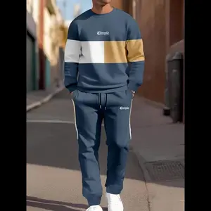 Men's Patchwork Letter Print Crewneck Sweatshirt & Sweatpants Set, Casual Sporty Breathable Round Neck Long Sleeve Pullover & Pocket Jogger Pants, Men's 2 Piece Set, Menswear, Athleisure Style Athleisure Wear, Sportswear Clothing