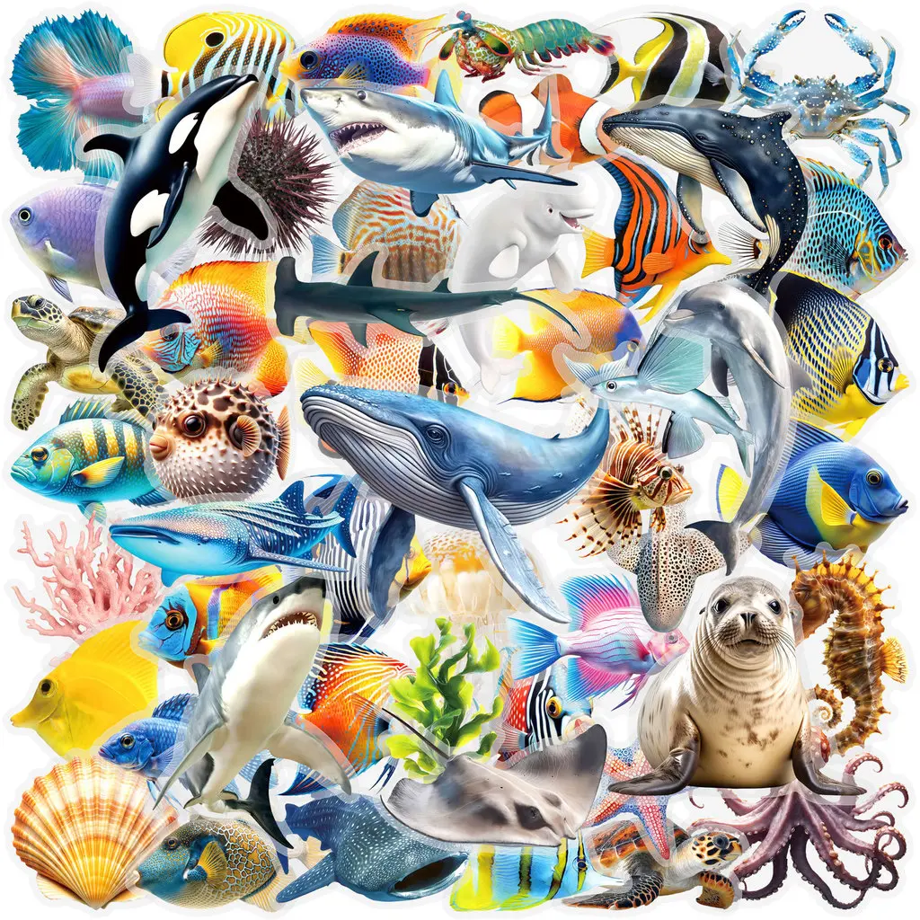 50 Pcs Double-Sided Transparent Marine Animal Graffiti Stickers - PET Waterproof Decor for Walls, Books, Journals & DIY Crafts bulingbulingsticker Sticker Set