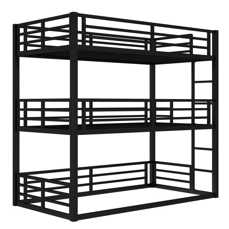 Twin  over Twin  over Twin  Bunk Bed, Metal Triple Bunk Bed with Safety Guardrails, Heavy-duty Bunk Bed with Noise-reduced Design, Black