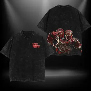 Men's Vintage Acid Wash Double Sided Twin Giant Red Samurai Mecha Graphic Oversized T-Shirt, 100% Cotton Retro Robot Streetwear Top, Match Baggy Cargo Pants, Trucker Hat & Chunky Sneakers for Techwear, Anime Convention & Urban Daily Outfits