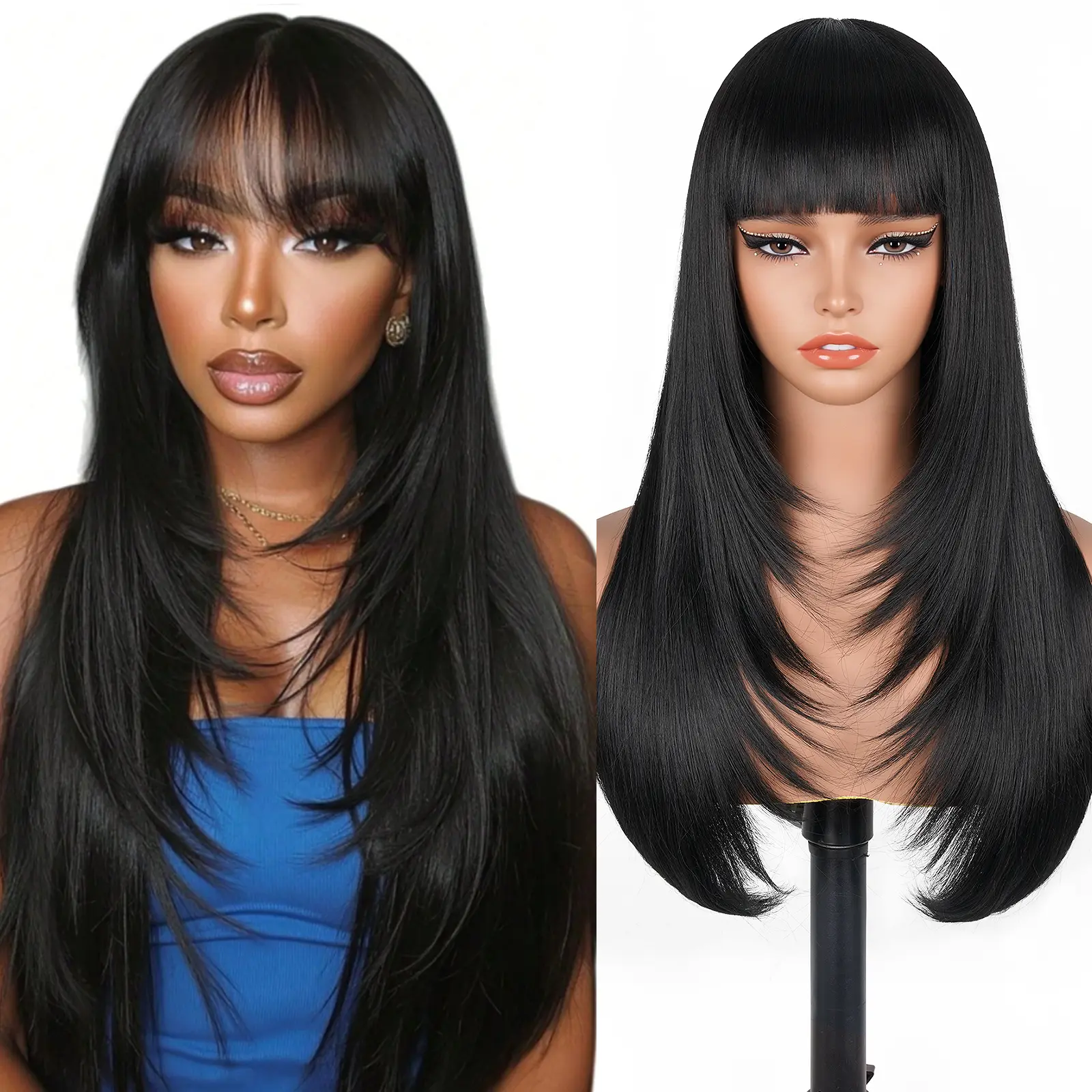 Lush Haute Synthetic Layered Wigs with Bangs Ready to Go 22 Inch Straight Wig with Bangs Put On Go Black Bang Wigs