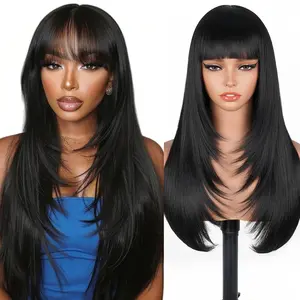 Synthetic Layered Wigs with Bangs Ready to Go 22 Inch Straight Wig with Bangs Put On Go Black Bang Wigs
