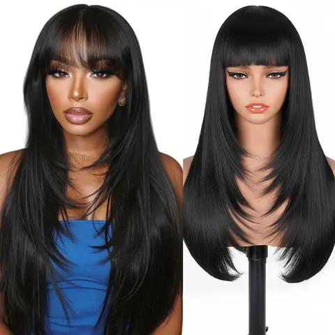 Lush Haute Synthetic Layered Wigs with Bangs Ready to Go 22 Inch Straight Wig with Bangs Put On Go Black Bang Wigs