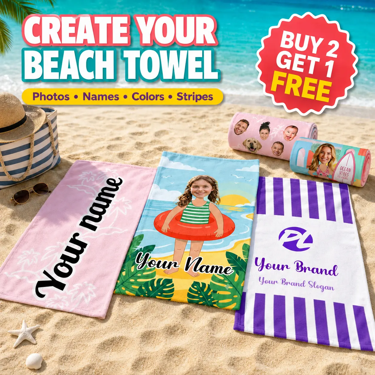 Personalized Photo Beach Towel - Customizable with Your Image and Name, Home & Bathroom Supplies Accessory Shower Scrubber