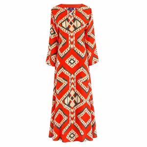 Bukhara Coral Ikat Long Tunic Dress Italian Silk