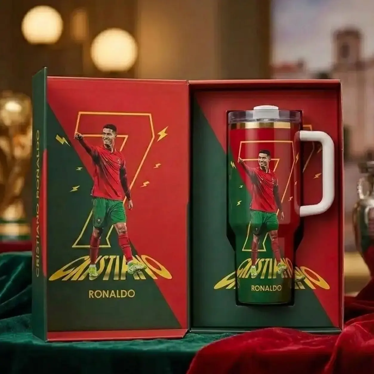 [No box] Portugal Legend 20oz & 40oz Tumbler With Handle – Soccer Champion Stainless Steel Cup, Vacuum Insulated Travel Mug, Iced Coffee Drinkware, Gift For Football Fans