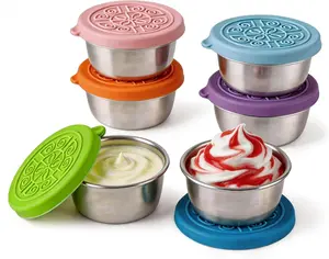 Salad Dressing Container To Go, 6 Pack 1.6 OZ Small Dressing Containers with Lids, Reusable Stainless Steel Condiment Containers, Sauce Cups, Leakproof Silicone Lids for Lunch Bento Box
