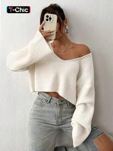 casual solid color v neck drop shoulder crop ribbed knit sweater