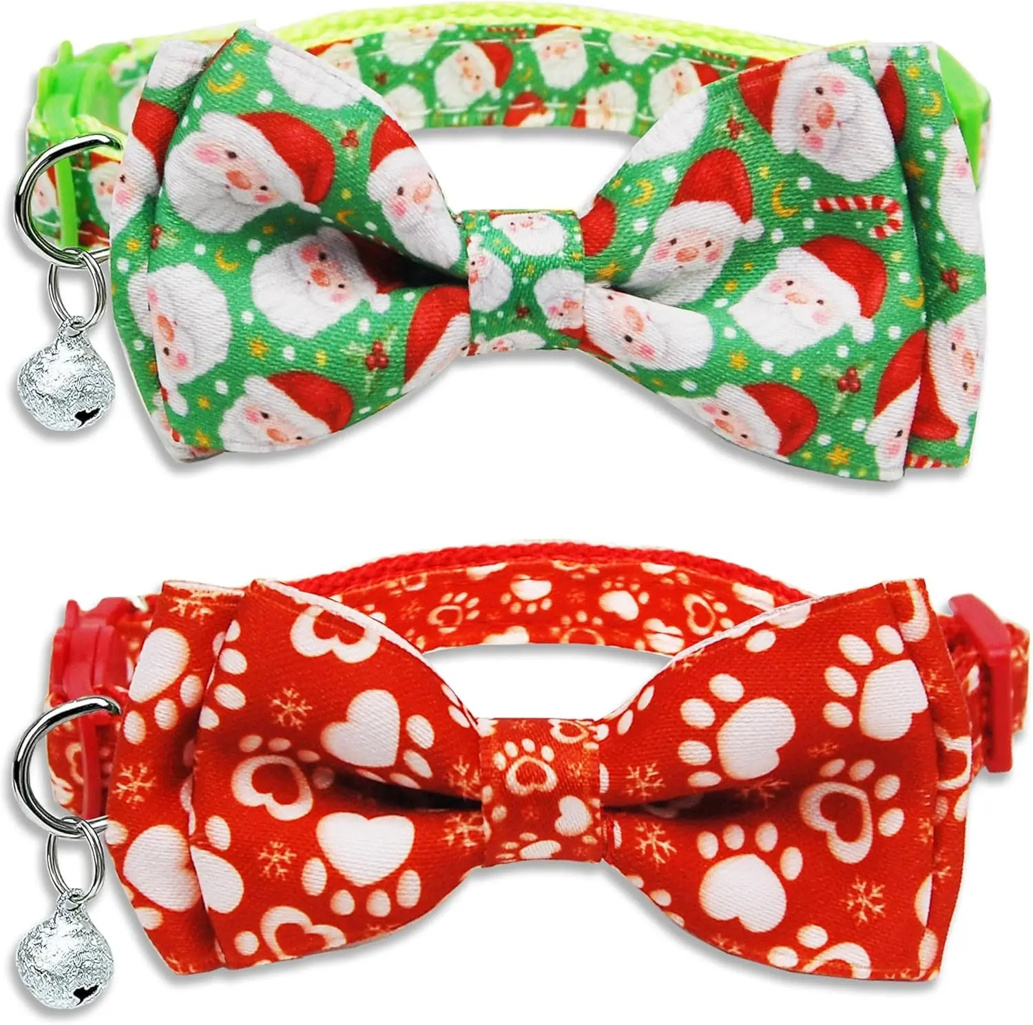 2-Pack Fabric Christmas Santa Claus Cat Collars - Winter Paws, Snowflake Pattern, Bow Tie, Bell, Breakaway Design for Kittens (2-Piece Set Pack for Pet Holiday Use), Two Piece Set, With Bell