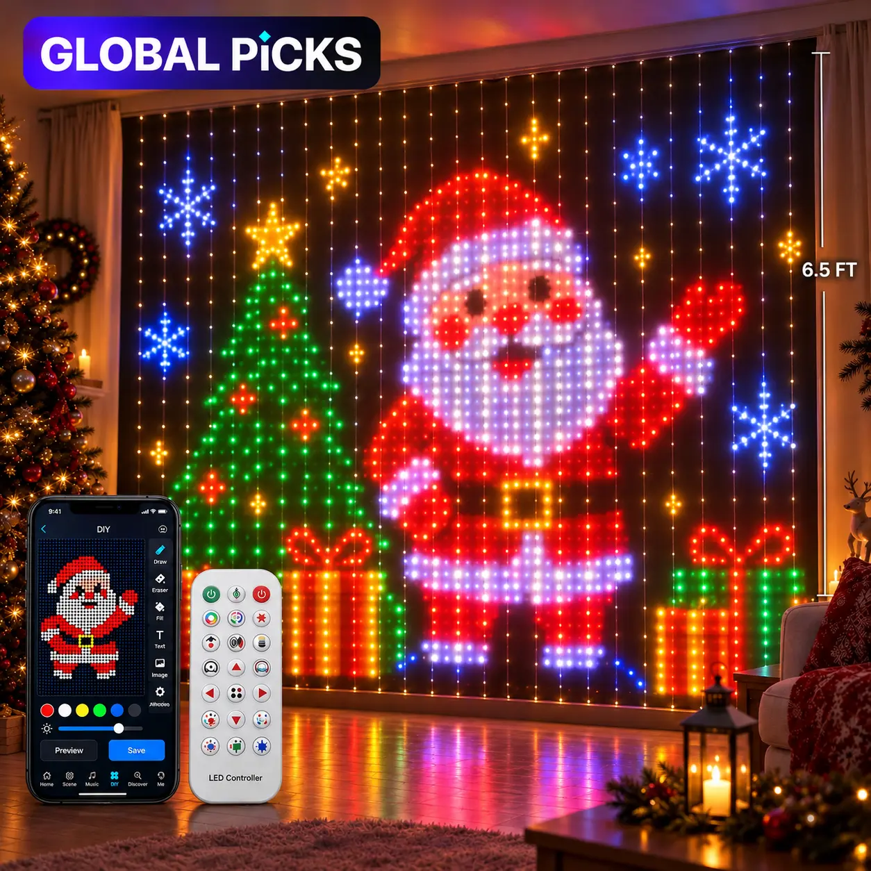 IP65 Waterproof DIY Pixel Curtain RGB Smart LED Lights, SURPLIFE APP Control with Custom Text/Patterns, Music Sync, Outdoor-Safe, Hooks Included, RGB Ambient Lighting for Home Decor Items, Halloween & Bedroom Decor