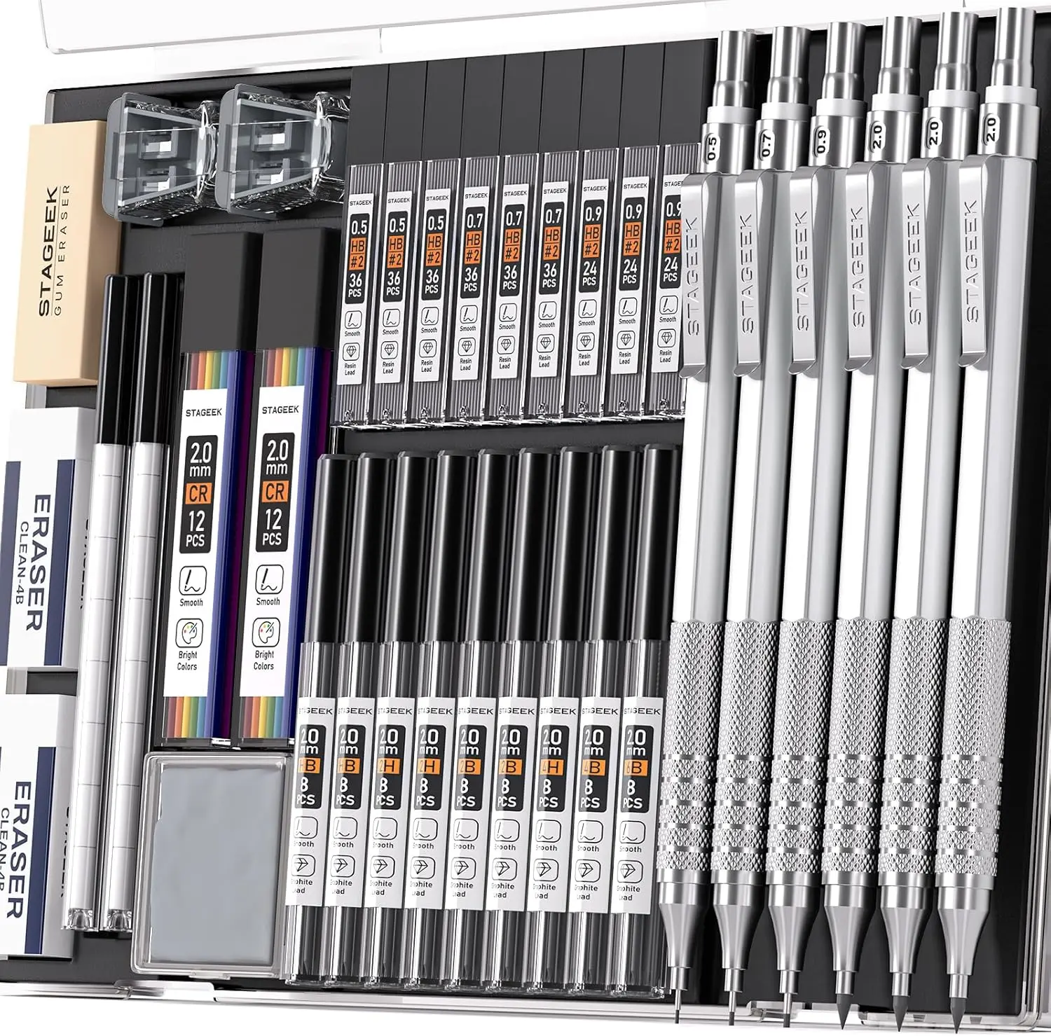 35Pcs Art Mechanical Pencil Set with Case, 0.5 0.7 0.9 2.0 Graphite Metal Drawing Drafting Pencils, Sharpener Erasers 384PCS Lead Refills (6B 4B 2B HB 2H 4H Colors)Pencils for Writing Sketching,Black
