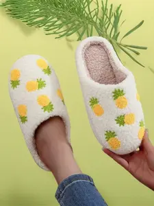 Cute Fruit Pineapple Pattern Embroidered Plush Slippers, Comfortable Indoor Home Shoes, Fashion Gift for Men & Women, All Seasons Wear