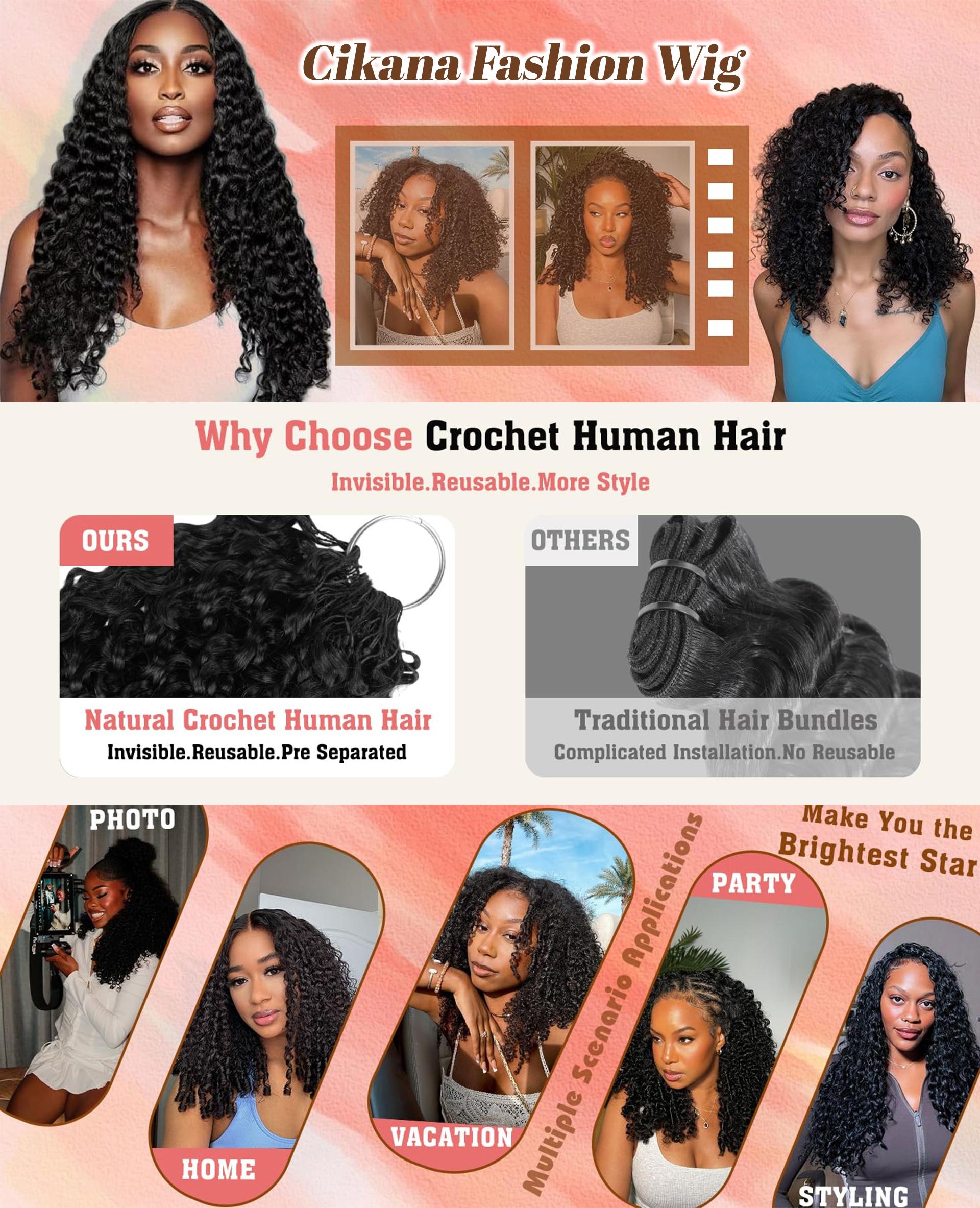 Feather Crochet Human Hair Burmese Curly Crochet Hair for Black Women Knotless Pre-Separated Lightweight Miracle Knots Crochet Human Hair 100% Real Human Hair Bundles Soft Reusable