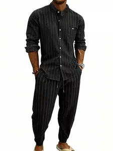 Men's Linen Casual Set, Fitted Long Sleeve Shirt and Pants, Summer Spring Stripe Pattern, Stand Collar, Loose Fit, Cross-Border Fashion