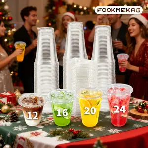 Transparent disposable plastic cups with direct drinking lids, 50 pieces per pack, available in sizes of 12 oz,16 oz, 20 oz, and 24 oz. Durable party cups, reusable ice coffee cups and milkshake cups, suitable for Thanksgiving and Christmas parties. latte