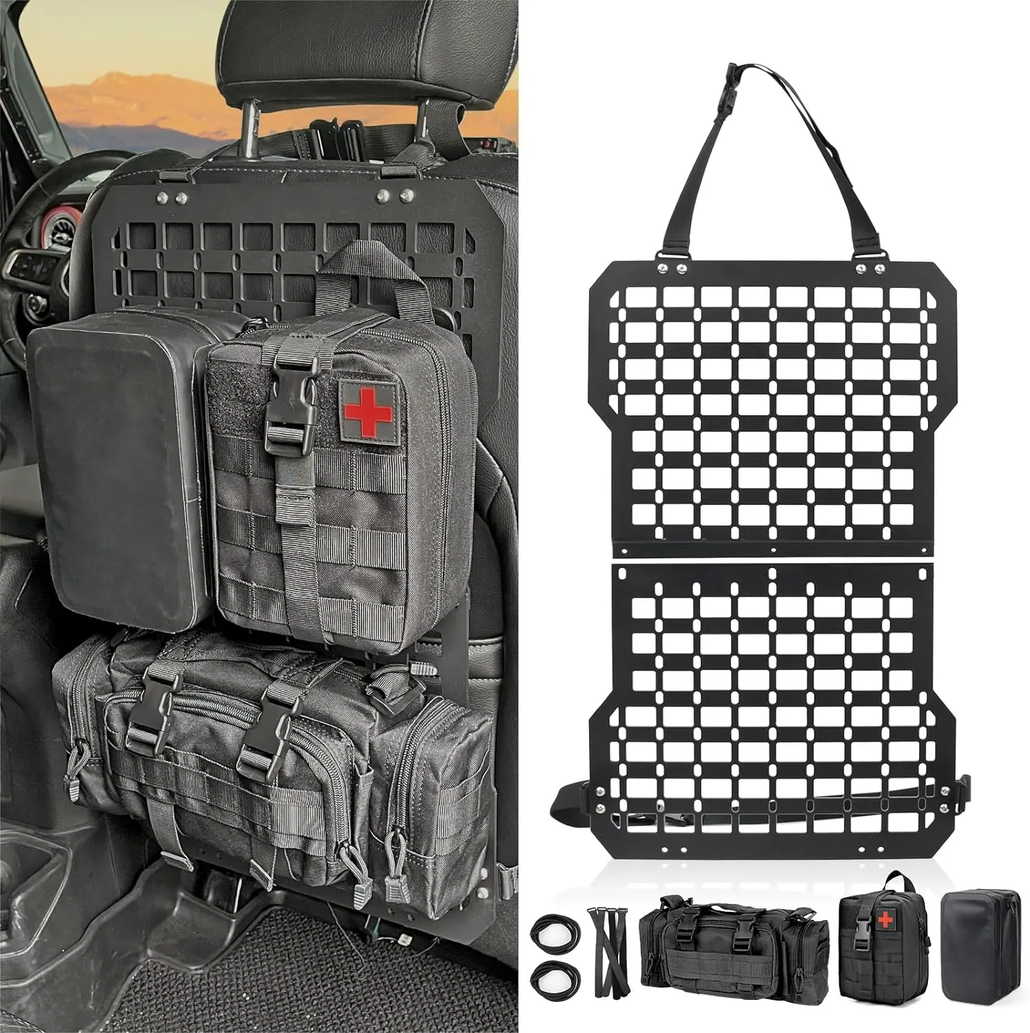 Seat Back Organizer Tactical Truck Organizer Molle Panel with 3 Organizer Storage Bag MOLLE Platform Solutions Modular Molle Tailgate Panel Vehicle MOLLE Seat Cover carorganizer backseat storage