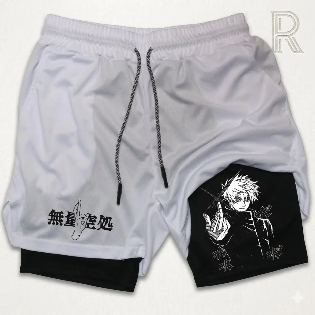 Men's Jujutsu Kaisen Gojo Satoru 2-in-1 Quick-Dry Bilayer Mesh Fabric Short Length Gym Workout 2-Shorts Set - Sports Athletic Clothing, 4th of July Summer Gifts, Anime, Male