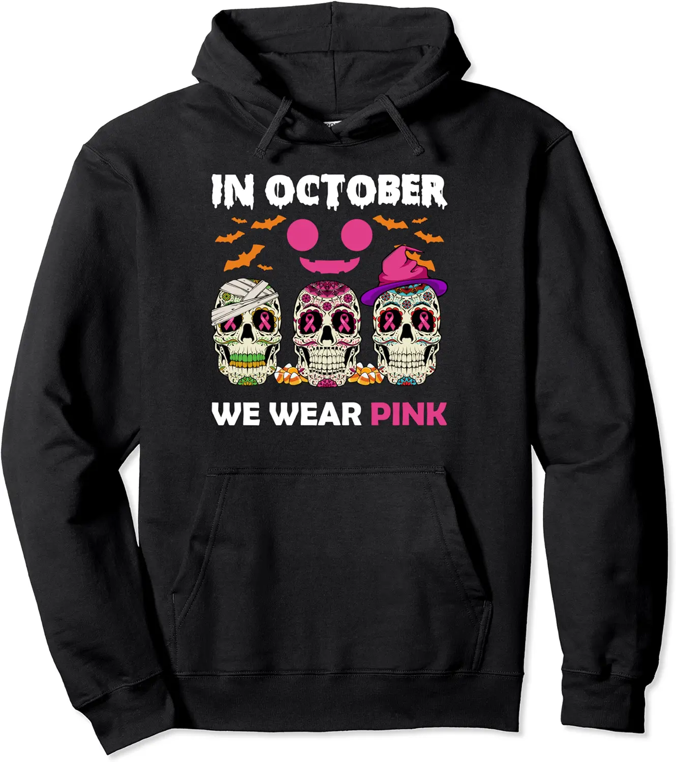 In October We Wear Pink Breast Cancer Awareness Sugar Skull Pullover Hoodie - Emilyschwe Shop 94B0B68KBCFV