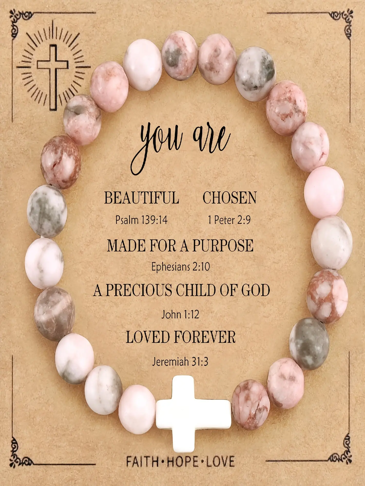 8mm women's beaded bracelet, Bead bracelets, women's inspirational lucky happy Easter Thanksgiving cross bracelet, Jesus bracelet, first holy baptism gift, suitable for mother, daughter, wife, sister, friend birthday Mother's Day