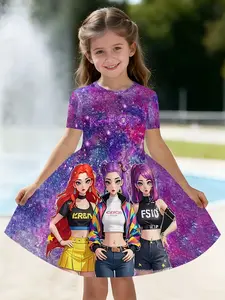 Girls' Summer Fashion Short Sleeve Cute Casual Dress, 3D Print Leisure Dress, Graphic Print Dress, Gift, Perfect for Casual Wear or Holidays