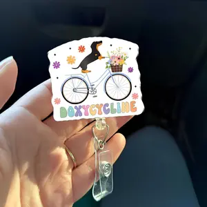 Doxycycline Badge Reel Cute Dachshund Bike, Pharmacy Nurse Badge Reel, Funny Medication ID Holder Gift