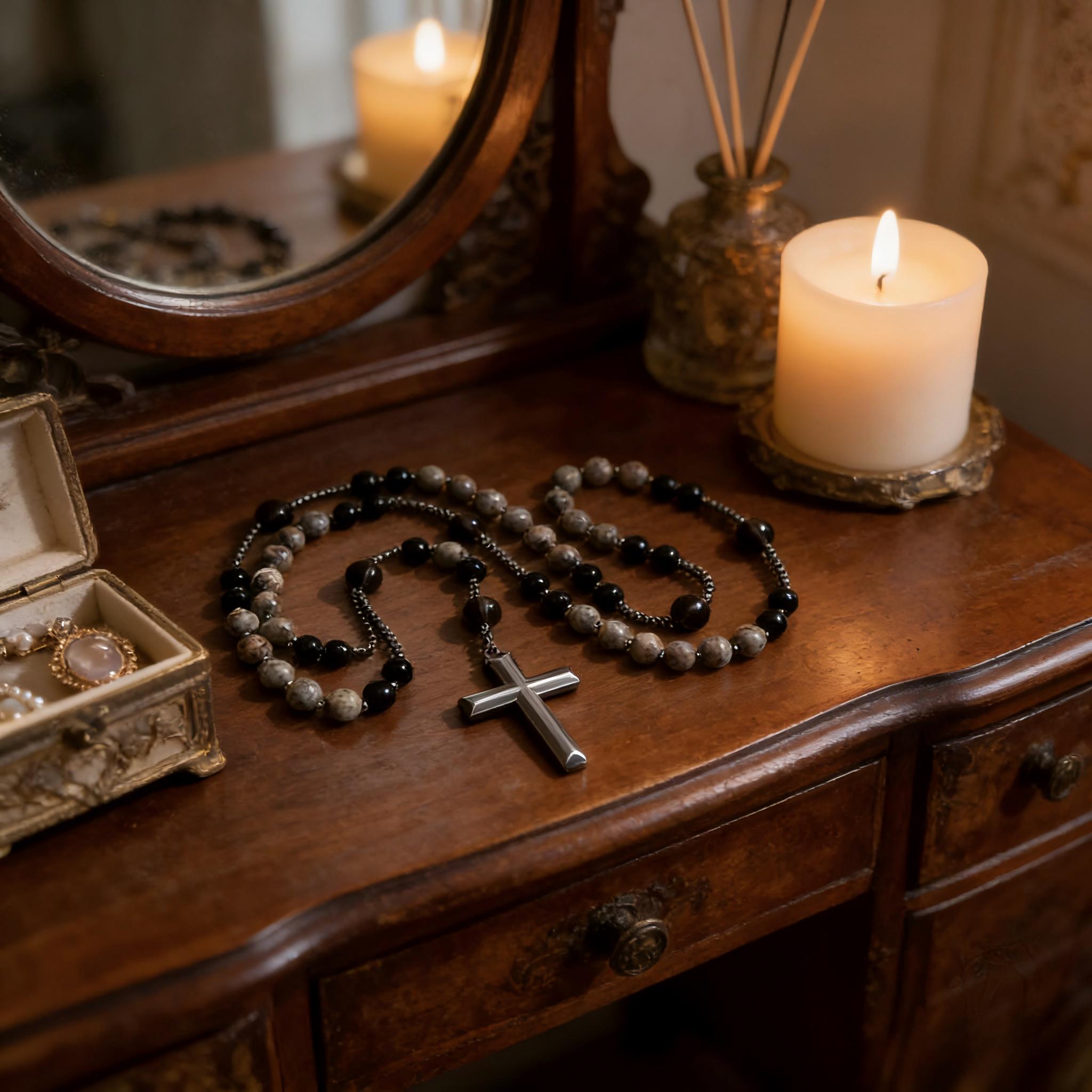 Natural Obsidian Uplite Rosary Necklace, UV-Reactive Protection Necklace, Hematite Cross Pendant Necklace, Perfect Gift for Her, Him, Boyfriend, Girlfriend, Husband, Wife, Dad, Mom, Friends