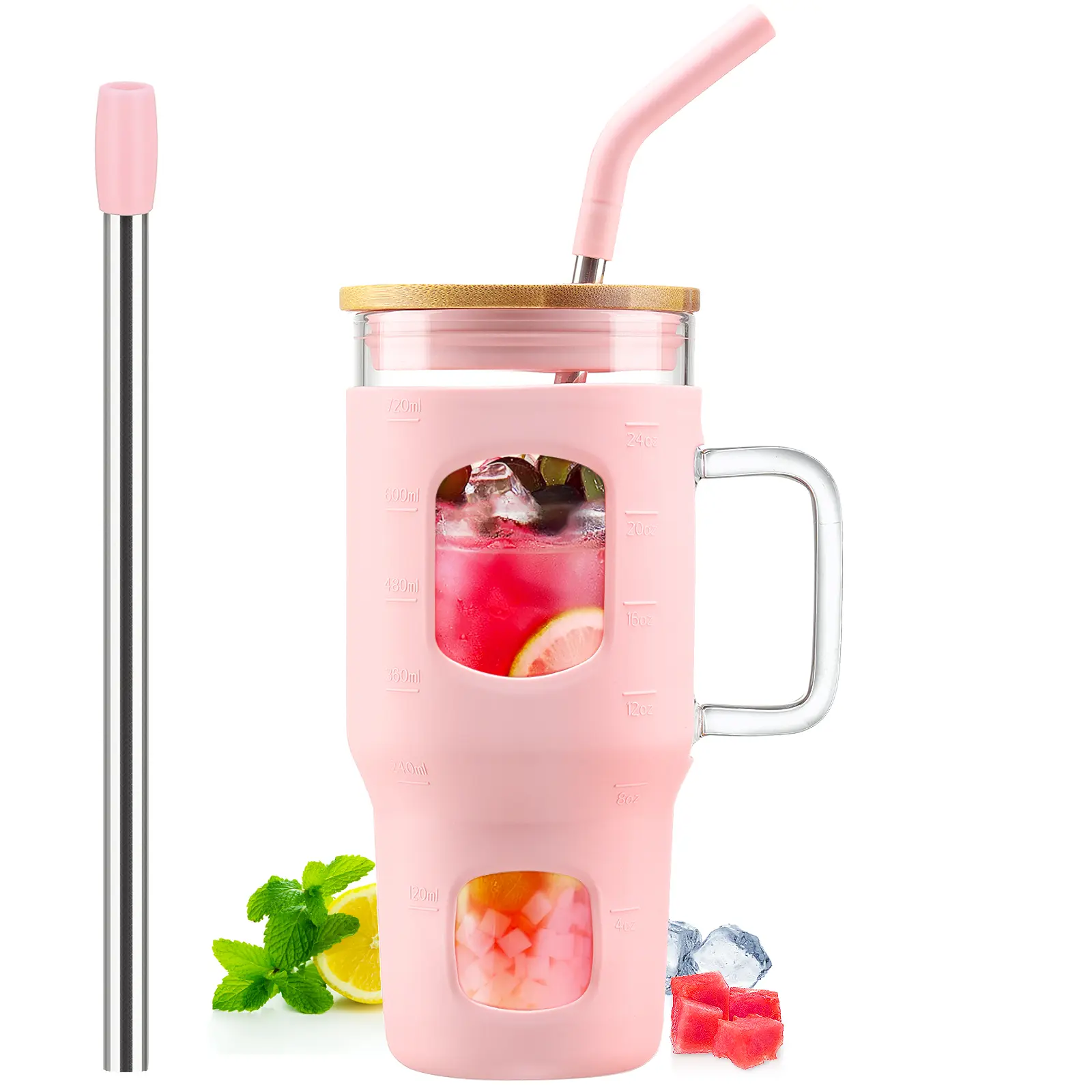 Bluego 24 oz Glass Tumbler with Lid and Straw, Iced Coffee Cup with Handle,  Glass Water