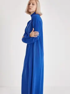 High-Neck Cotton Knit Dress with Zipper -Blue, Autumn Fashion, 95% Cotton 5% Elastane, Soft Fabric, Elegance & Comfort