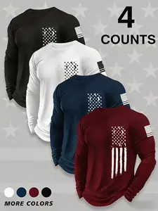Men's Round Neck Fitted Long Sleeve T-Shirt Set, Casual Knit Polyester Top, Slightly Elastic Basic Style, Geometric Print, Spring & Fall, Knitwear