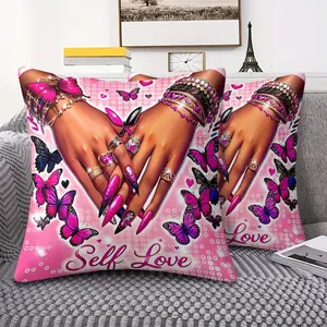 Stylish Butterfly Theme Throw Pillow with Digital Printing, Featuring Vibrant Pink & Black Nail Art Design, Glamorous Jewelry Accents & Whimsical Butterfly Motifs, Self Love Decor, Cozy Cushion for Bedroom & Lounge, 45cm Includes Pillow Insert