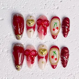 [CherryBomb] Medium Almond Handmade Press on Nails, Fake Nails with Nail tool kit with Jelly Stickers, Reusable, Durable