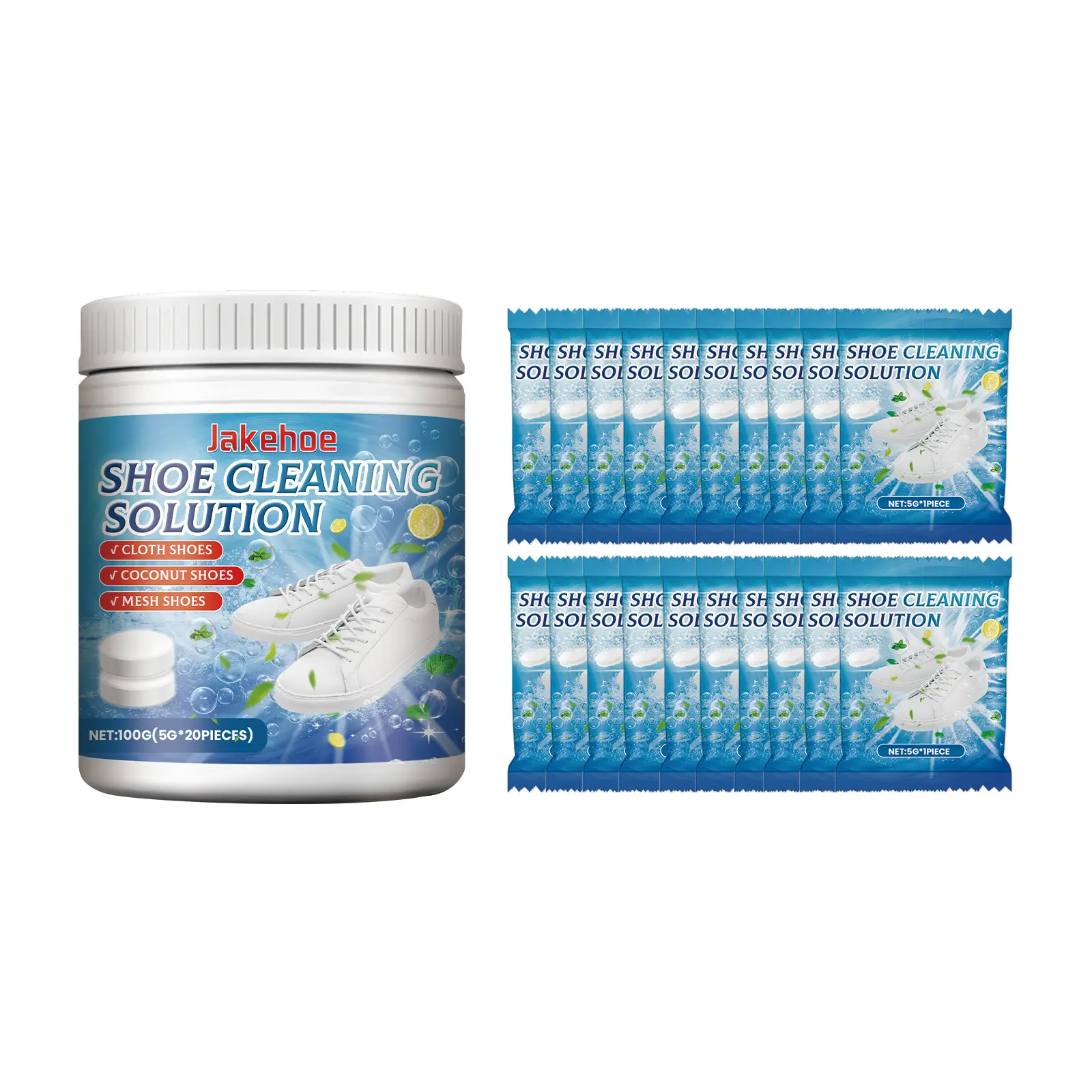 White Mesh Footwear Cleaning Effervescent Tablets (5g*20, 100g/3.53oz) - Home Care Tissues with Lemon Extract, Sodium Bicarbonate, Disodium EDTA for Easy Stain Removal & Yellowing Correction, Coconut Shoes, Tablets Form, 4 * 4.5 Cm, Cool, Dry Place, House