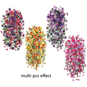 Artificial hanging floral plants for outdoor decoration, multicolor fake chrysanthemums and violets with eucalyptus, UV-resistant realistic daisy climbing plants, suitable for courtyard, balcony, and porch decoration, Artificial Flowers For Outside