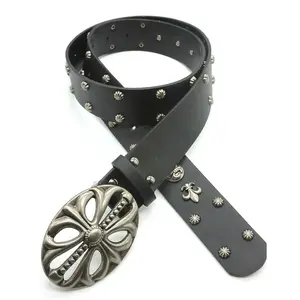 Trendy new style unique niche studded punk-style cross-carved hollow buckle leather belt decorative fashion belt