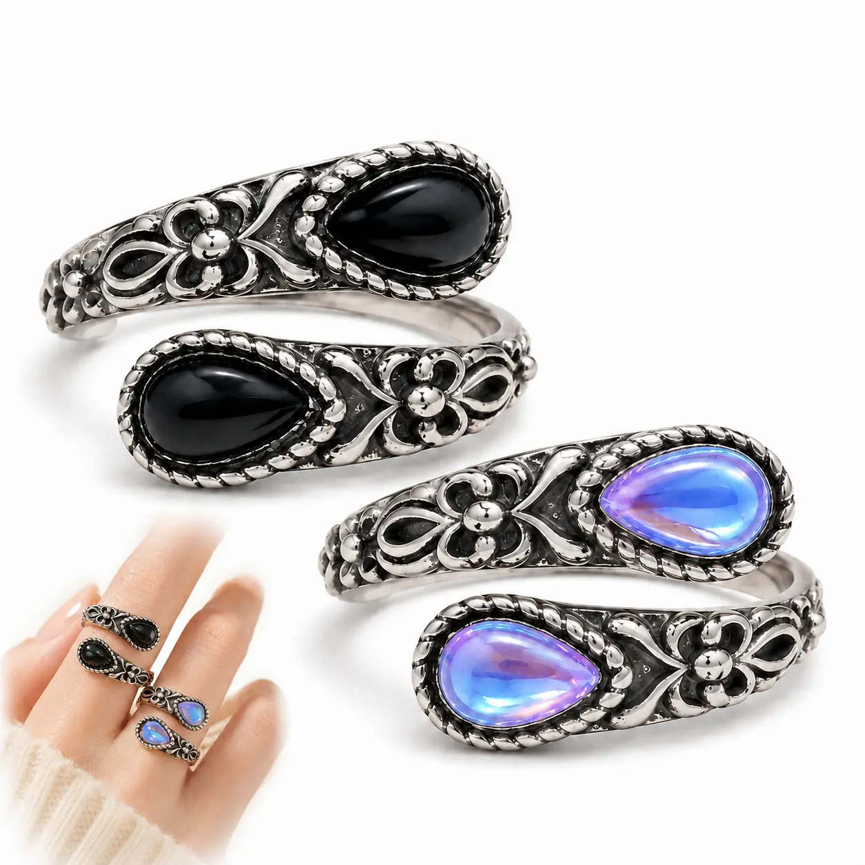 Vintage Open Ring for Women, Adjustable Teardrop Stone Ring with Antique Silver Tone Floral Design, Boho Statement Jewelry for Daily Wear, Parties and Gifts