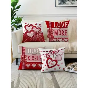 4pcs Valentine's Day Pillow Covers - Soft Red Heart Decor Pillow Covers, Printed With Loving And Romantic Quotes, Pillow Insert Not Included, Suitable For Sofa, Bedroom Or Home Decor, Valentine's Day Pillow Covers