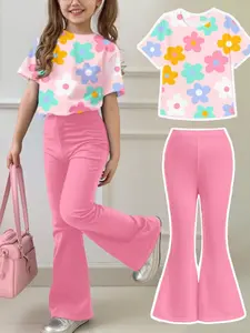 Girls' Fashion Floral Print Short Sleeve Top and Bell Pants Set, Casual Comfortable, All-Over Print, Toddler Clothing