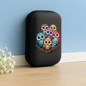 Rainbow Owl Pattern Eva Hard Case Storage Box, Office & Travel Essential, Durable Portable Organizer, Mesh Pocket Design
