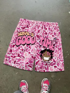 Unisex Camo Cartoon Print Drawstring Shorts, Y2K Street Style Casual Shorts, Loose-Fitting Natural Waist, Perfect for Daily Wear & Vacation