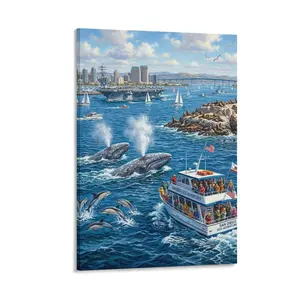 1pc Frameless Printed Canvas Art, Realistic Whales/Dolphins/San Diego Harbor/Sea Lions Scene, Vibrant Nautical Wall Decor, Home/Living Room/Bedroom/Office Decoration