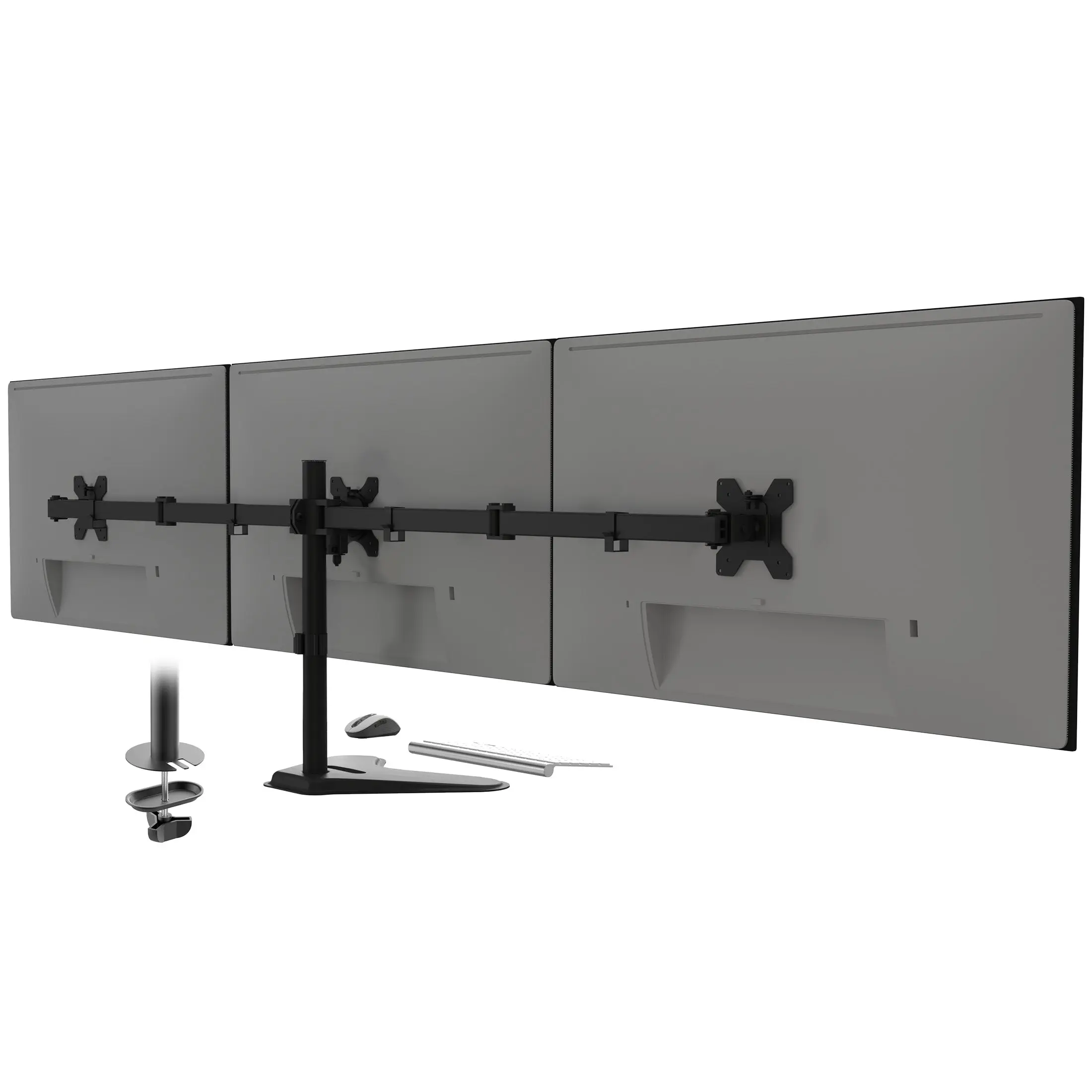 MOUNT-IT! Full-Motion Triple Monitor Stand - Freestanding Desktop PC Stand for Floor, Adjustable with Controllable Angle, Solid Base, Space-Saving Ergonomic Office Furniture with Ideal Height Adjustment & Ergonomic Monitor Installation Height