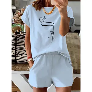 Women's Casual Letters Printed Two-Piece Suit-Comfortable Short Sleeve T-shirt Blended with Shorts, Elastic Polyester, Machine Washable Knitting