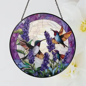 Hummingbirds And Lavender Flowers Stained Glass Suncatcher
